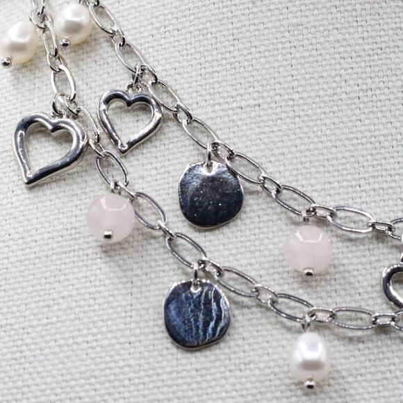 Vantel Silver Chain Pearl Quartz Daydreams Double Strand Charm Necklace - Picture 3 of 7